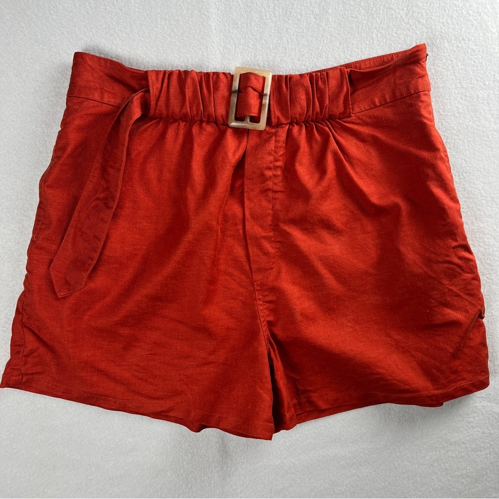 L'Academie Women's Belted High Waisted Shorts Linen‎ Blend Orange Large